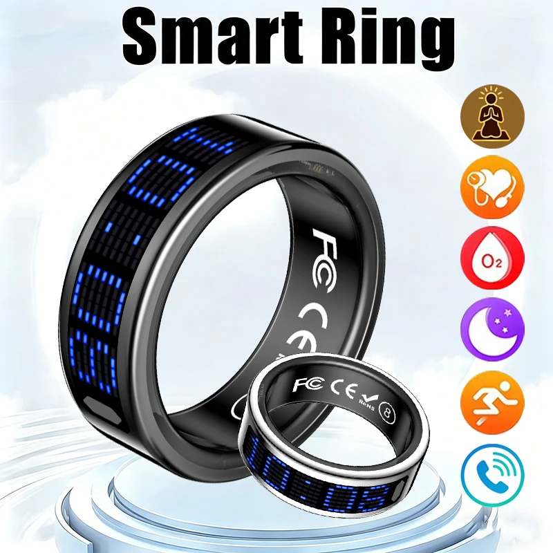 Smart Ring Health Tracker Blood Oxygen - 新型スマートリング ブルーLEDディスプレイ 健康モニタリング 発信者ID表示 マルチスポーツモード 男女兼用