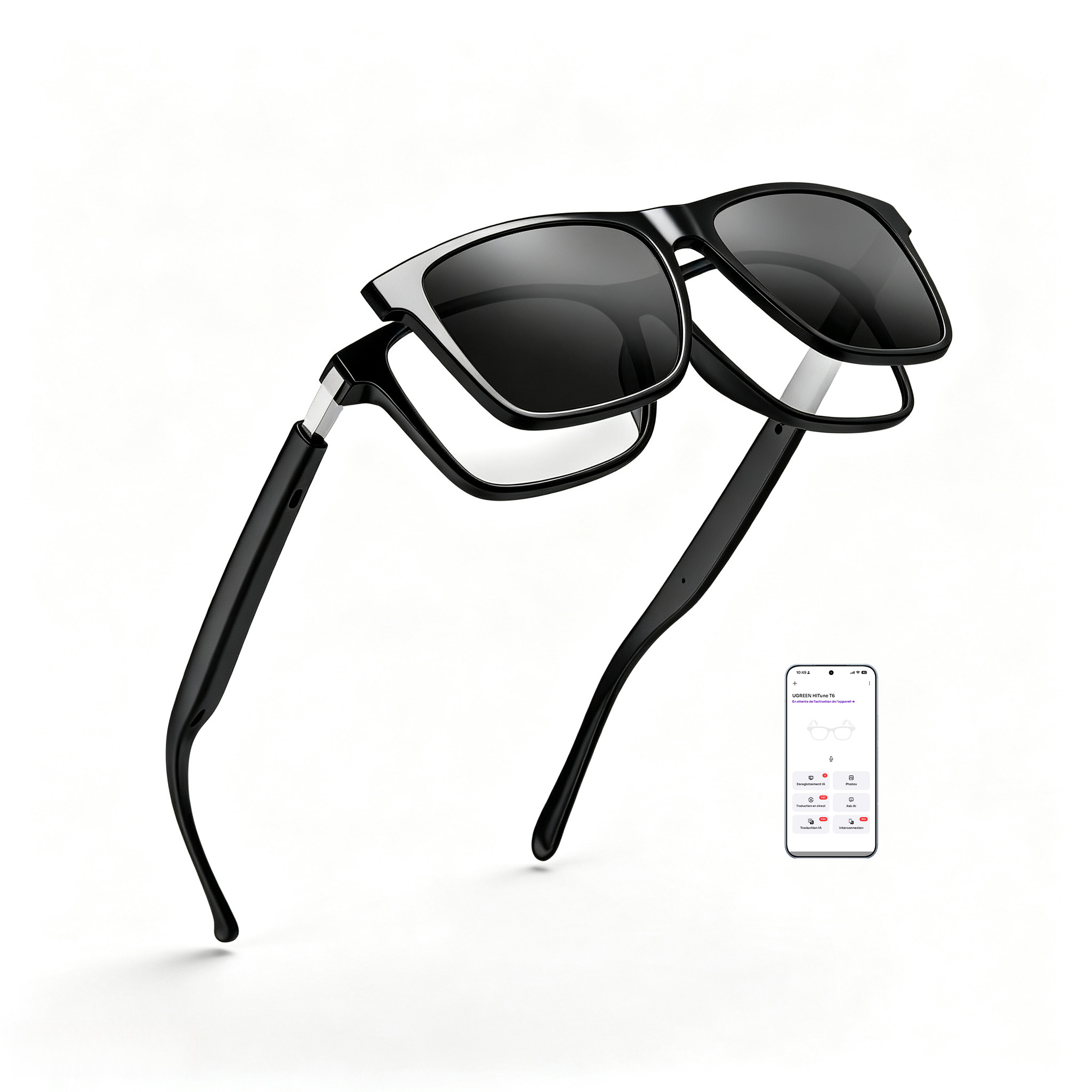 Smart Audio Glasses Touch Control - 磁石で取り外し可能なサングラスクリップ付きのスマートBluetoothグラス。超薄型テンプル、スプリングヒンジ、オーディオ機能搭載。屋外での旅行に最適な、タッチ操作で音楽再生や通話ができるメガネ。