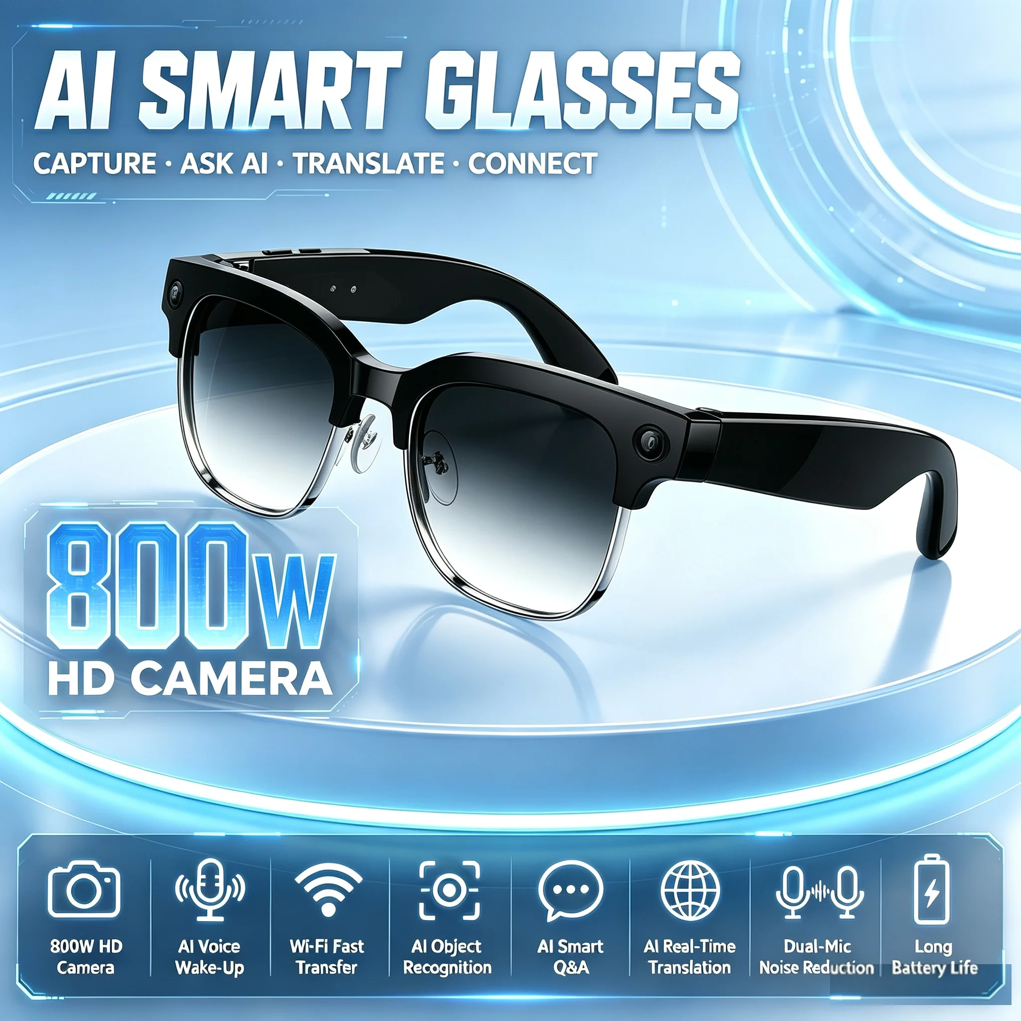 Smart Audio Glasses Touch Control - AIスマートグラス：音声起動、Hey Lens、物体認識、タッチコントロール、ハンズフリーオーディオ、ビジネスや日常使用向け、ハーフフレーム