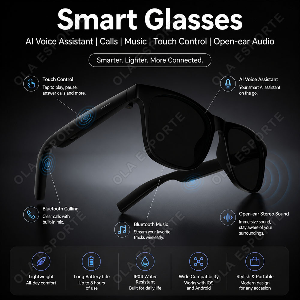 Smart Audio Glasses Touch Control - 男性女性向け新型スマートグラスサングラス AIスマートボイス ブルートゥース通話 音楽再生 タッチコントロール イヤホン付きグラス