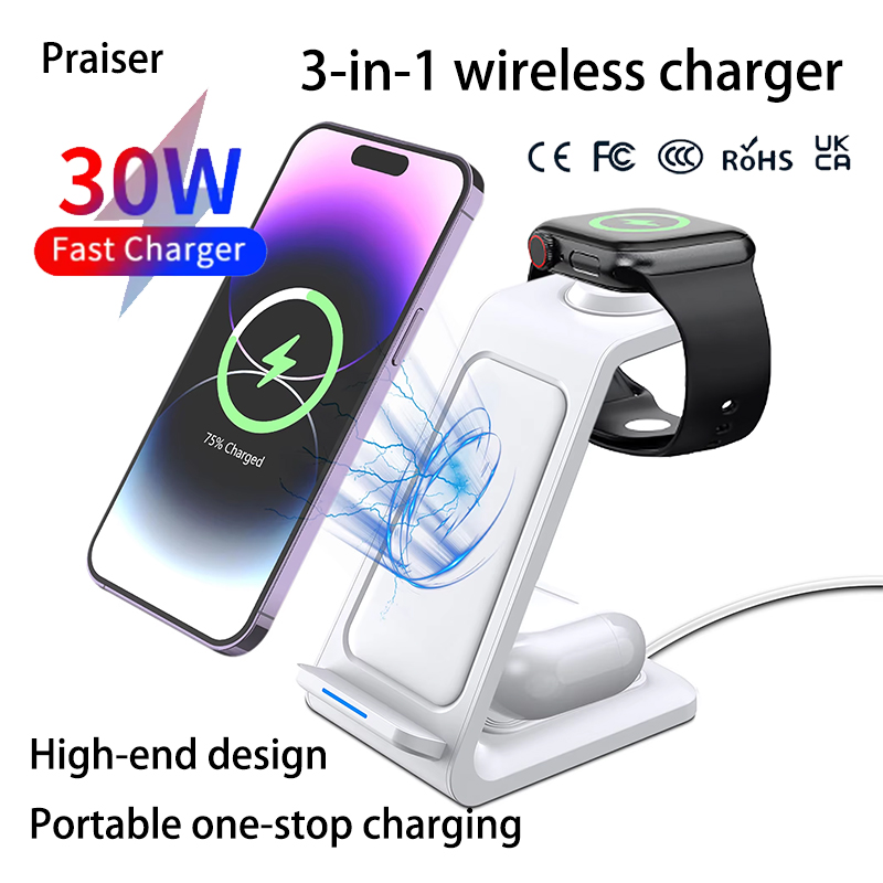 Smart Glasses Magnetic Charging Cable - 15W 3in1 ワイヤレス充電スタンド iPhone、Samsung、Xiaomi、OPPO、Apple Watch 8/7、AirPods対応