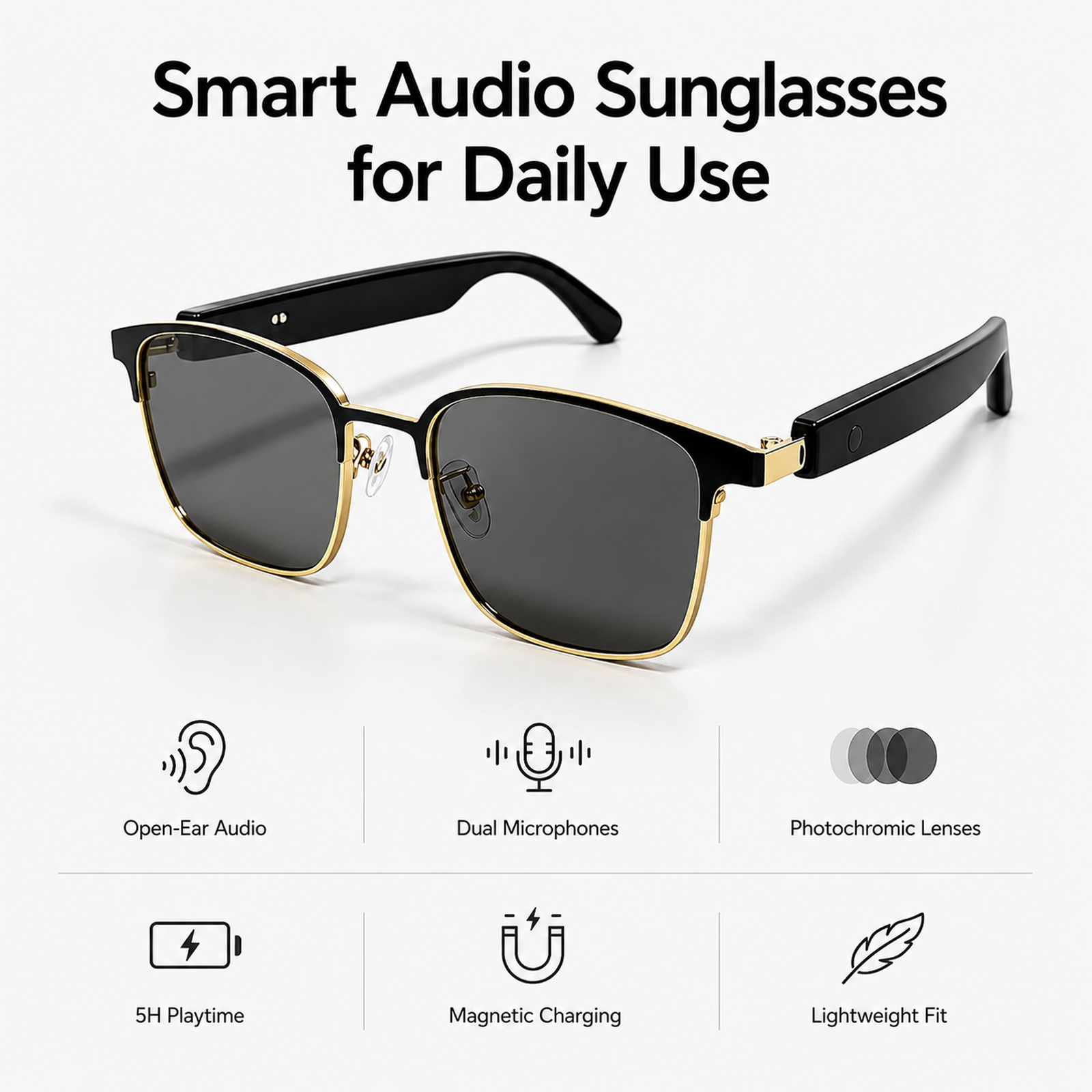 運転やサイクリング用のBluetoothメガネ、オープンイヤ - Photochromic Smart Sunglasses Audio のレビューと価格