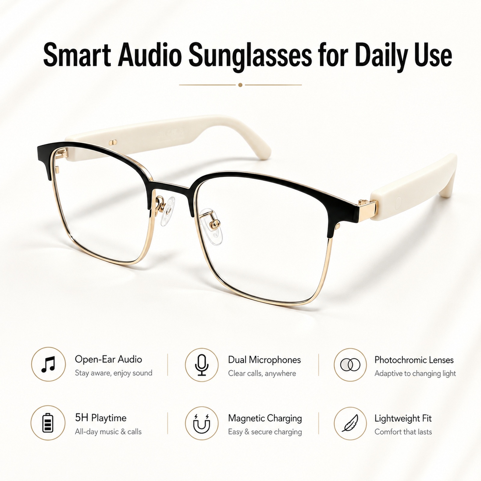 オフィスや運転用のオープンイヤーBluetoothメガネ、調 - Smart Sunglasses Open Ear Music Calls のレビューと価格