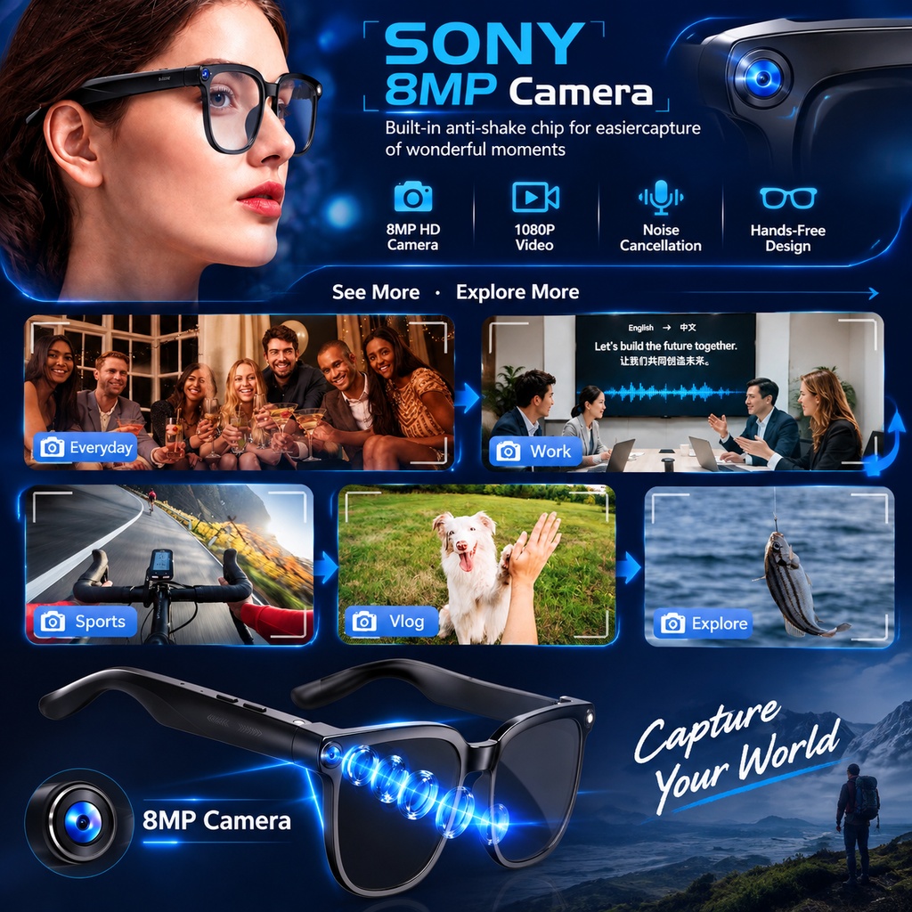 最新のAI搭載スマートグラス。ChatGPT対応、写真撮影、 - Smart Glasses Camera Video Recording 1080P のレビューと価格