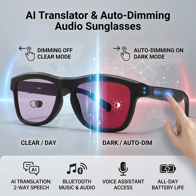 AI翻訳スマートタッチ自動調光サングラス 男女兼用 Blue - Photochromic Smart Sunglasses Audio のレビューと価格