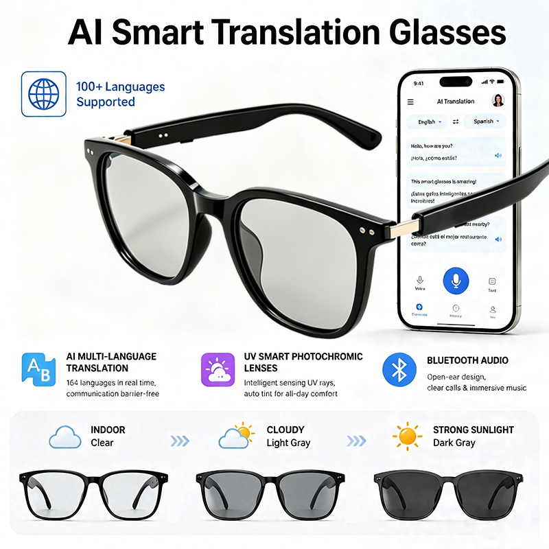 AI翻訳機能搭載スマートグラス。調光レンズ、超薄型テンプル、 - Smart Audio Glasses Touch Control のレビューと価格